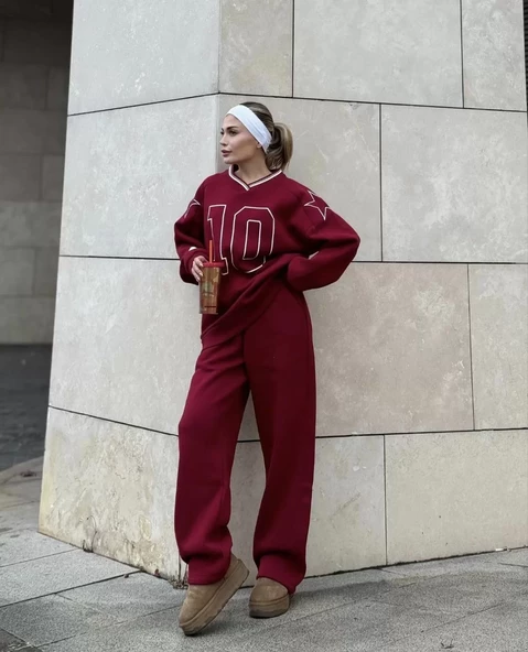 V Yaka Sweat Takım - Bordo - 8
