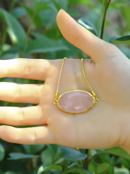 Doğal Taş Pembe Kuvars Taşı Doğal Taşlı Asansörlü Kadın Bileklik eub4pk - 3