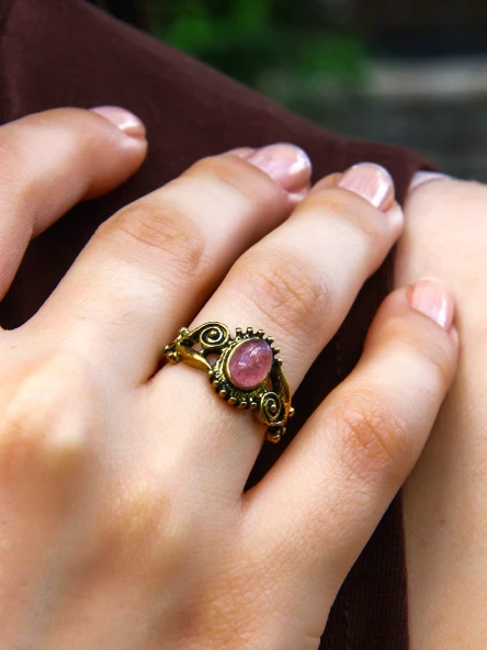 Doğal Taş Pembe Kuvars Doğal Taşlı Antik İşlemeli Ayarlanabilir Kadın Yüzük euy36pk - Resim 2