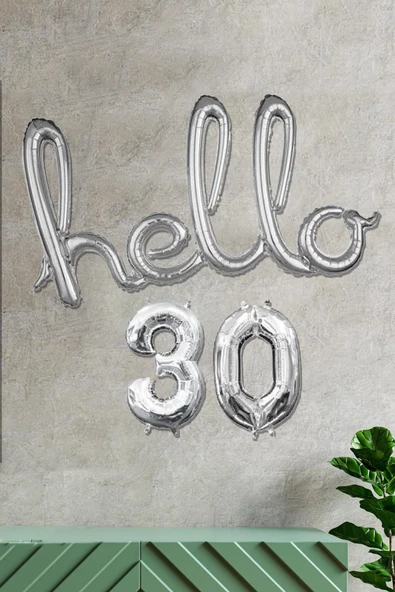 Pazariz 30 Yaş Doğum Günü Balonları Hello 30 El Yazısı Gümüş Renk Folyo Balon