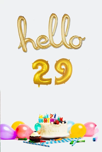 Pazariz 29 Yaş Doğum Günü Balonları - Hello 29 El Yazısı Gold Renk Folyo Balon