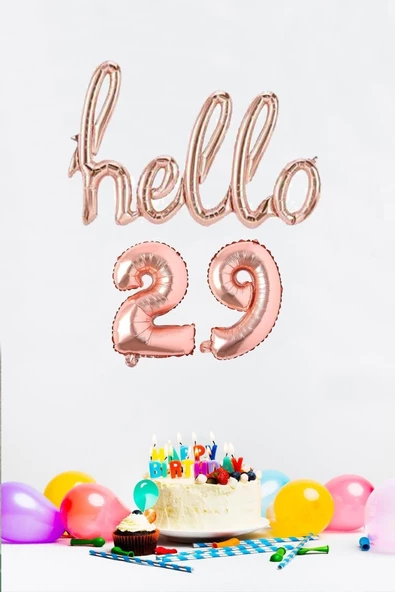 Pazariz 29 Yaş Doğum Günü Balonları - Hello 29 El Yazısı Rose Gold Renk Folyo Balon