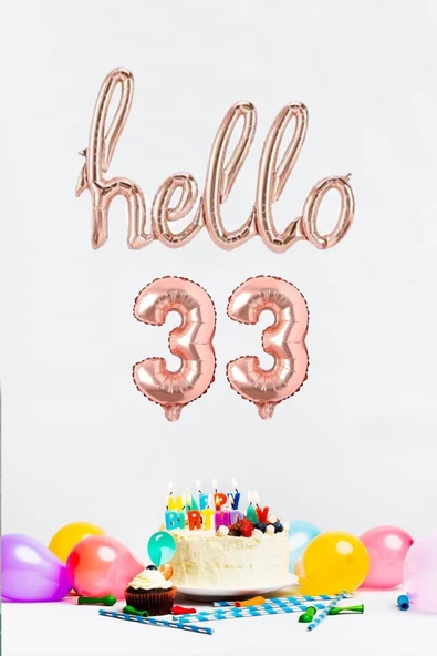 Pazariz 33 Yaş Doğum Günü Balonları - Hello 33 El Yazısı Rose Gold Renk Folyo Balon - 1