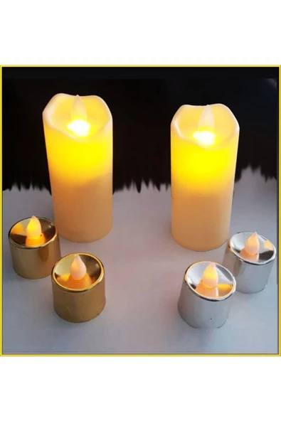 Pazariz 2 Altın ve 2 Gümüş Romantik Set 2 Büyük Titreyen Dumansız Pilli Led Mum - 2