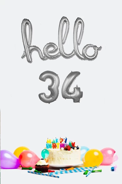 Pazariz 34 Yaş Doğum Günü Balonları - Hello 34 El Yazısı Gümüş Renk Folyo Balon