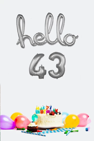 Pazariz 43 Yaş Doğum Günü Balonları - Hello 43 El Yazısı Gümüş Renk Folyo Balon