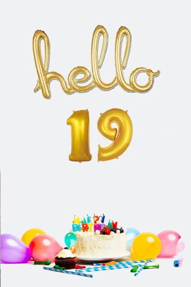 Pazariz 19 Yaş Doğum Günü Balonları - Hello 19 El Yazısı Gold Renk Folyo Balon