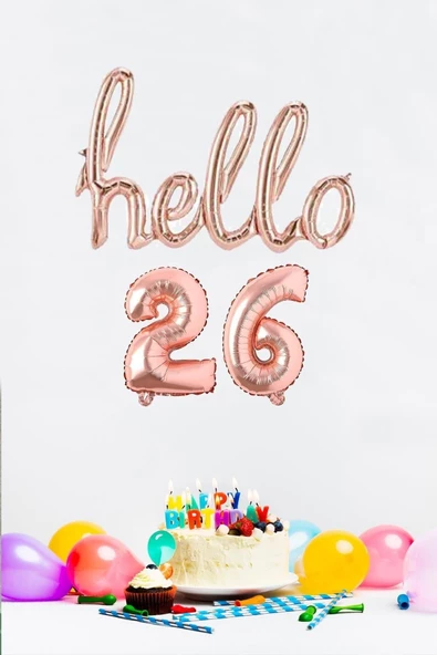 Pazariz 26 Yaş Doğum Günü Balonları - Hello 26 El Yazısı Rose Gold Renk Folyo Balon - 1