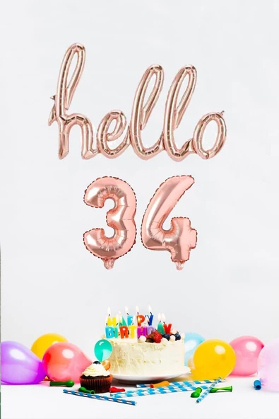 Pazariz 34 Yaş Doğum Günü Balonları - Hello 34 El Yazısı Rose Gold Renk Folyo Balon - 1