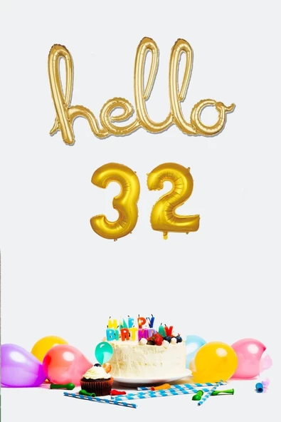 Pazariz 32 Yaş Doğum Günü Balonları - Hello 32 El Yazısı Gold Renk Folyo Balon - 1