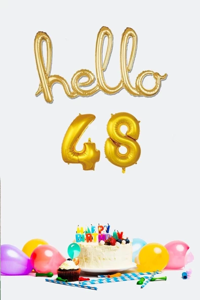 Pazariz 48 Yaş Doğum Günü Balonları - Hello 48 El Yazısı Gold Renk Folyo Balon