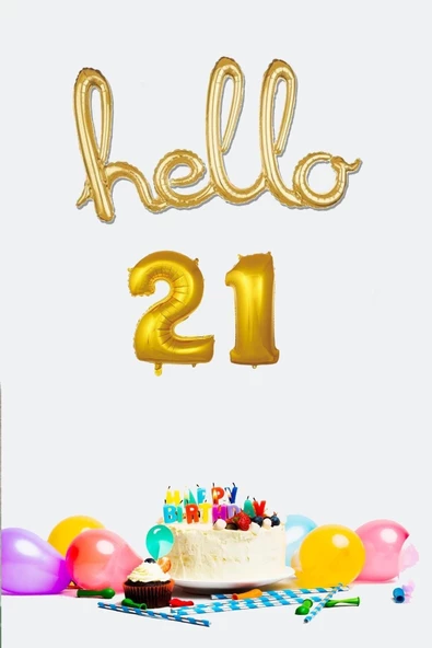 Pazariz 21 Yaş Doğum Günü Balonları - Hello 21 El Yazısı Gold Renk Folyo Balon