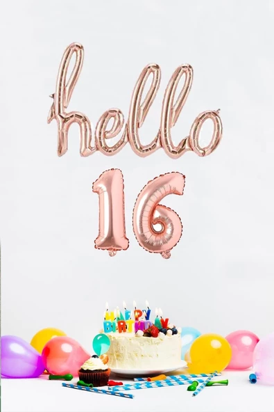 Pazariz 16 Yaş Doğum Günü Balonları - Hello 16 El Yazısı Rose Gold Renk Folyo Balon