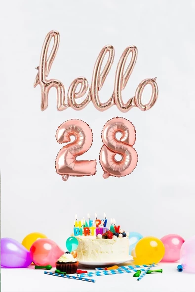 Pazariz 28 Yaş Doğum Günü Balonları - Hello 28 El Yazısı Rose Gold Renk Folyo Balon - 1