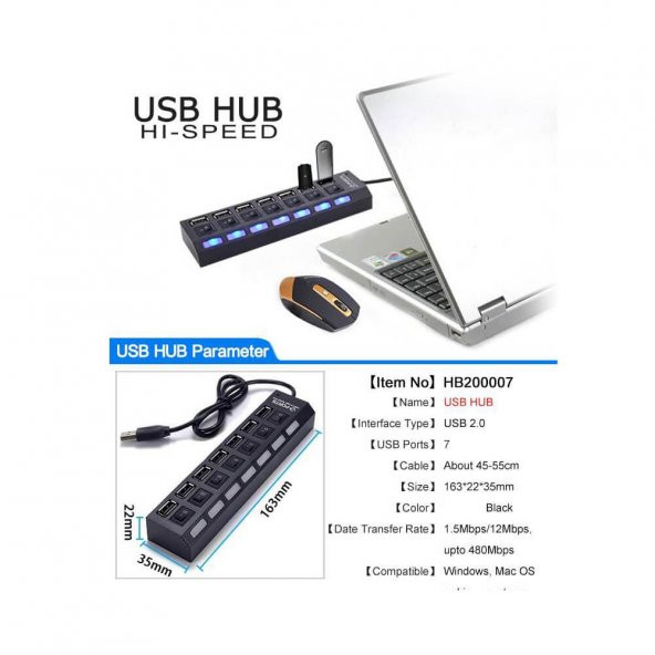 7 Port Usb Hub Çoklayıcı Çoğaltıcı OnOff Düğmeli Işıklı Adaptörlü - 5