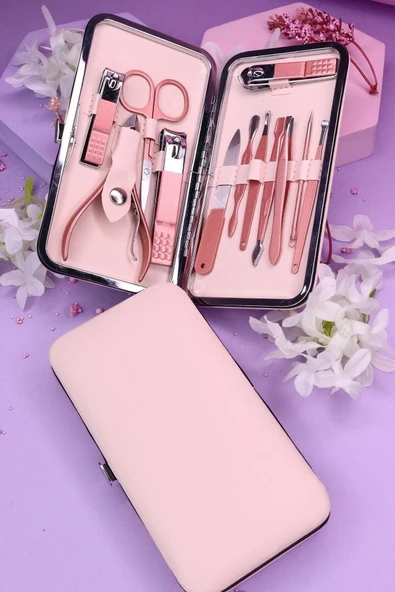 Pazariz Çantalı Pembe Çelik Manikür Seti 12 Parça - 2