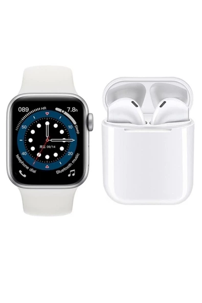 Pazariz T500 Saat Smart Watch Ve  I12 Tws  Kablosuz Kulaklık Beyaz Ikili Kombin