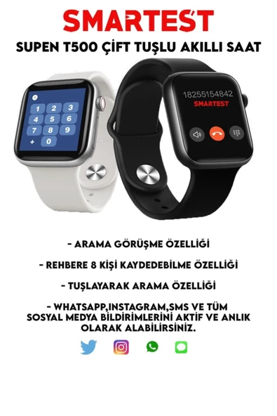 Pazariz Supen Son Sürüm T500 Çift Tuş Akıllı Saat Ios Andorid Destekli Arama Özelliği Sensörlü - Resim 2