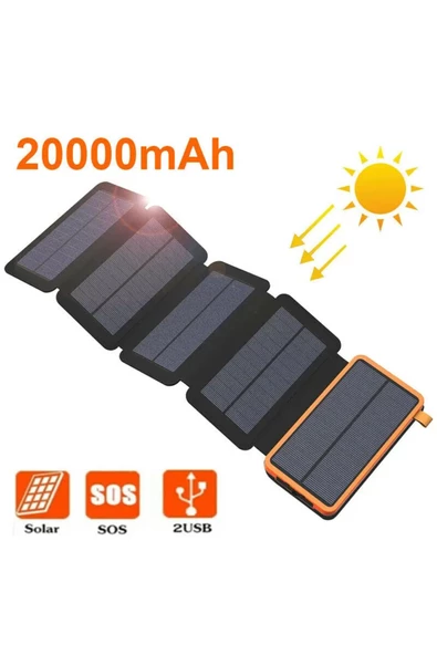Pazariz 20000 mAh Güneş Enerjili Solar Powerbank 4 Güneş Paneli Katlanır USB Telefon Şarj Cihazı - 2