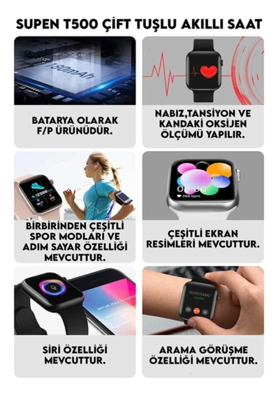 Pazariz T500 Çift Tuş Akıllı Saat Ios Andorid Destekli Arama Özelliği Sensörlü Smartwatch - Resim 3