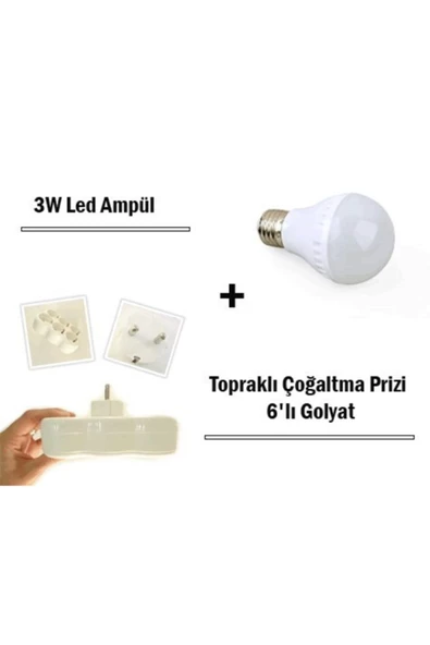 Pazariz 3w Led Ampul + Topraklı Çoğaltma Prizi 6 Lı Golyat Set ürün görseli 1