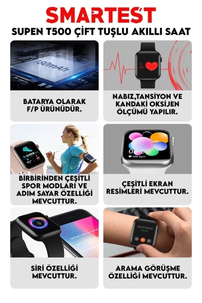 Pazariz Supen Son Sürüm T500 Uyumlu  Çift Tuş Akıllı Saat Ios Andorid Destekli Arama Özelliği Sensörlü - Resim 3