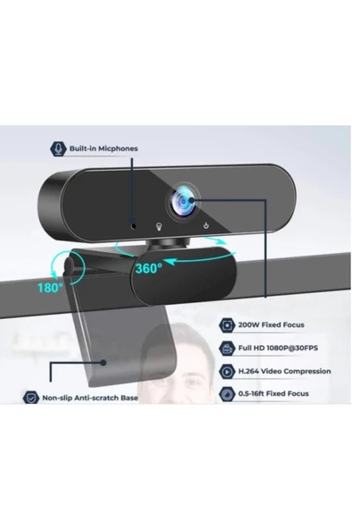 Pazariz Web Kamera 1080p Full Hd Usb Bağlantılı Mikrofonlu Webcam - 3