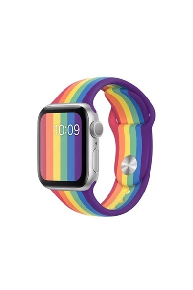 Pazariz Apple Watch Uyumlu 38 - 40 Mm Spor Kordon Silikon Kayış Gök Kuşağı Rengi