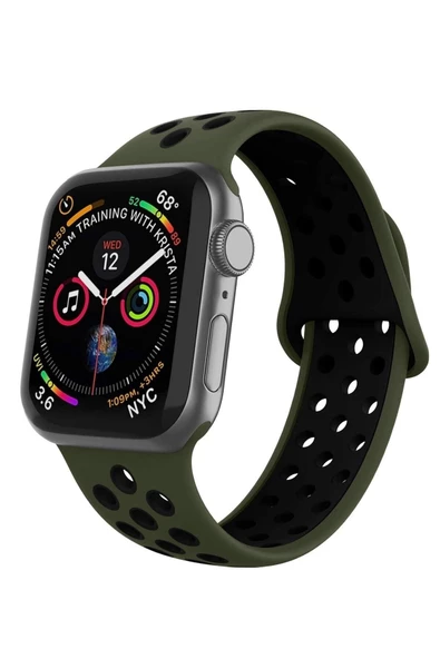 Pazariz Apple Watch Uyumlu Silikon Delikli Kordon Kayış Seri 1 2 3 4 5 - 42mm/44mm Koyu Yeşil Siyah ürün görseli 1