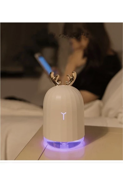 Pazariz Mini Hava Nemlendirici Aromaterapi Led Işıklı Buhar Makinesi 220ml Geyikli Beyaz