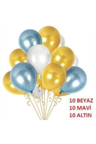 Pazariz 30 Adet Metalik Sedefli Kaliteli Balon - 10 Mavi 10 Beyaz 10 Gold
