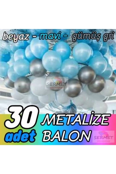 Pazariz 30 Adet Metalik Balon (mavi+beyaz+gri) Helyum Uyumlu Parlak Balon Metalize Balon