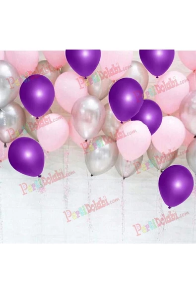 Pazariz 30 Adet Metalik Sedefli Mor-pembe-gümüş Gri Karışık Balon Helyum - 1