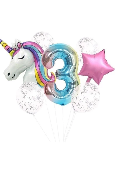 Pazariz Unicorn Folyo Balon Doğum Günü Seti 3 Yaş ürün görseli