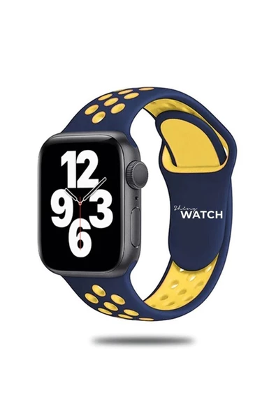 Pazariz Apple Watch Uyumludelikli Silikon Kordon 42/44 Mm Dark Blue Yellow