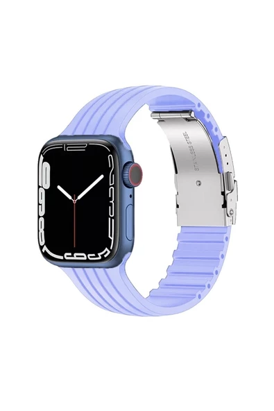 Pazariz Apple Watch Uyumlu2/3/4/5/6/7/8/se 42mm 44mm 45mm Metal Klipsli Çizgili Jel Silikon Kordon ürün görseli 1