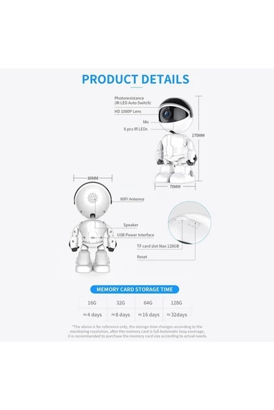 Pazariz 1080p Astronot Robot Görünümlü Intercomlu Wifi Ip Güvenlik Kamerası Kablosuz Gece Görüşlü - 3