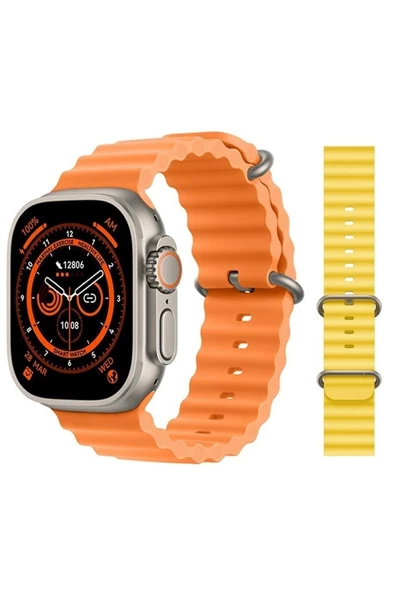 Pazariz Gs8 Watch 8 Ultra Akıllı Saat Turuncu Türkçe Watch 2.02 Inc Sarı Silikon Kordon Hediye - 1