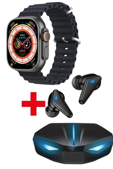 Pazariz Gs8 Watch 8 Ultra Akıllı Saat Siyah Watch 2.02 Inc K55 Oyuncu Bluetooth Kulaklık Hediye