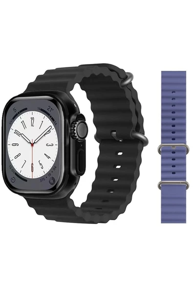 Pazariz Gs8 Watch 8 Ultra Akıllı Saat Siyah Türkçe Watch 2.02 Inc Lacivert Silikon Kordon Hediye