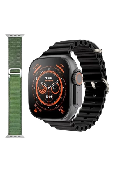 Pazariz Gs8 Watch 8 Ultra Akıllı Saat Siyah Türkçe Watch 2.02 Inc Yeşil Silikon Kordon Hediye