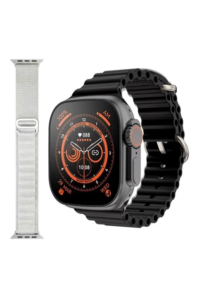 Pazariz Gs8 Watch 8 Ultra Akıllı Saat Siyah Türkçe Watch 2.02 Inc Beyaz Dokuma Kordon Hediye ürün görseli 1