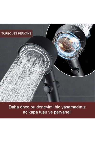 Pazariz 5 Fonksiyonlu Turbo Jet Pervaneli Aç Kapa Duş Başlığı Yüksek Tasarruf Tazyik Siyah - Resim 2