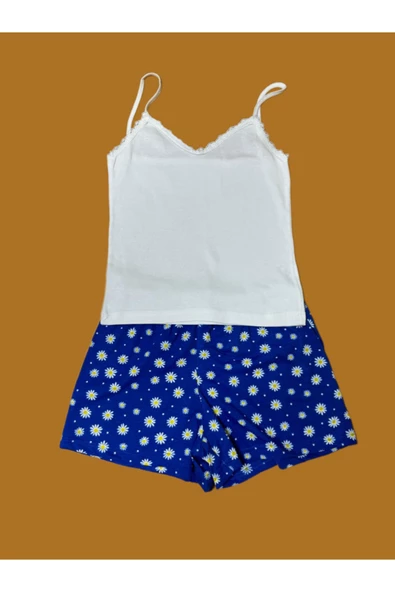 Pazariz Pembecin Şortlu Pijama Takımı Babydol ip Askılı Yazlık Pamuklu Kolsuz Beyaz Askılı Mavi Çiçekli - 2