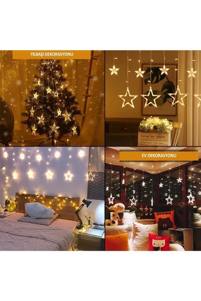 Pazariz Dekoratif Pilli Yıldızlı Led Işıklı Saçaklı Perde Aydınlatma - 3