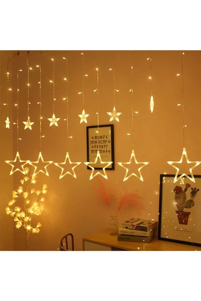 Pazariz Dekoratif Pilli Yıldızlı Led Işıklı Saçaklı Perde Aydınlatma