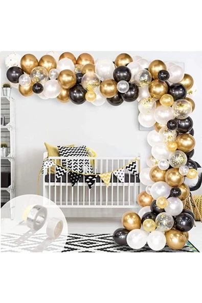 Pazariz 100 Adet Siyah Gold Beyaz Balon Zinciri Seti 5 Metre
