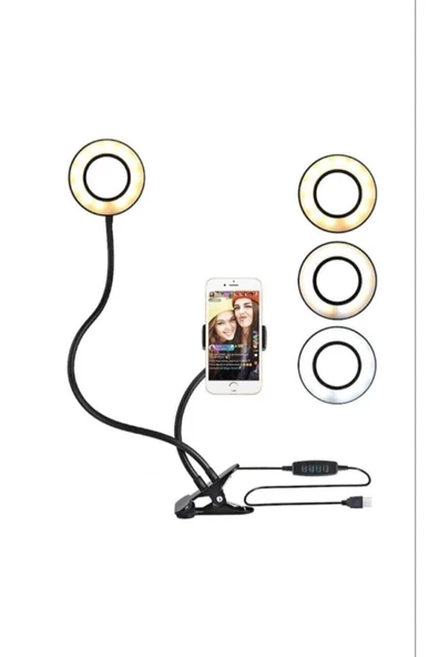 Pazariz Led Tripod Işıklı Telefon Tutucu Makyaj Işığı Ring Light 9 Cm Çap