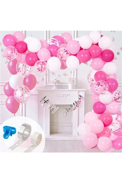 Pazariz Zincir Balon Seti Pembe - Beyaz / Konfetili 130 Adet Balon