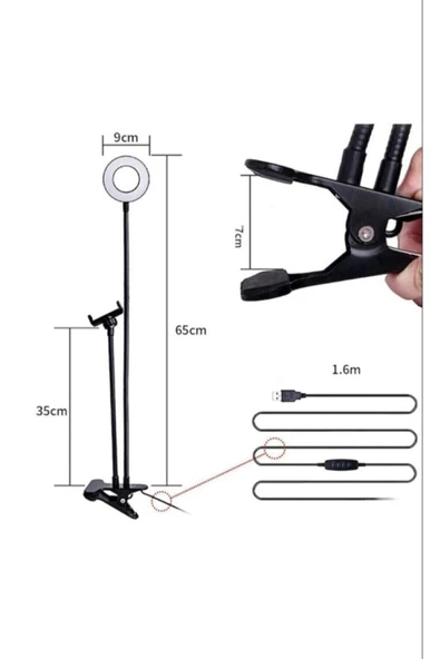 Pazariz Led Tripod Işıklı Telefon Tutucu Makyaj Işığı Ring Light 9 Cm Çap - 2